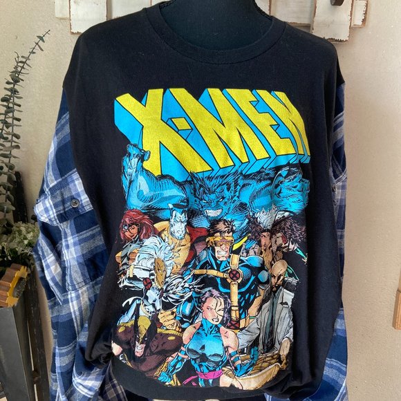 Marvel Tops - 🔥SOLD🔥 Marvel Classic X-Men Handmade Refashioned Upcycled Plaid Flannel ~L/XL
